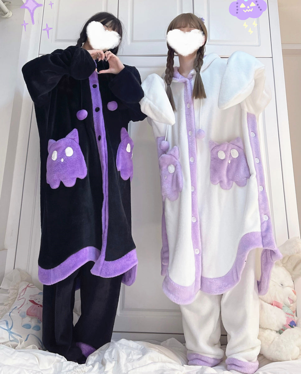 Black & Purple Devil Cartoon Thick Winter Pajamas Hooded Bathrobe & Pants