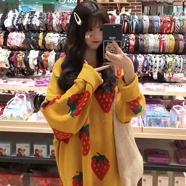 Yellow And Blue Strawberry Long Sweater PN2794