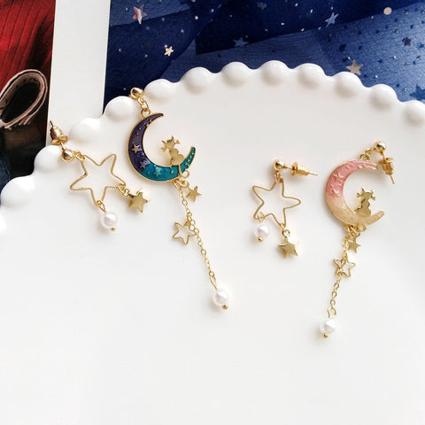 Cute Moon And Star Asymmetrical Earrings/Clips PN1264