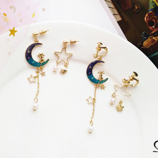 Cute Moon And Star Asymmetrical Earrings/Clips PN1264