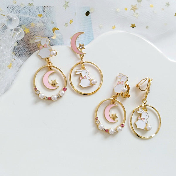 Lovely Rabbit and Moon Earrings/Clips PN1192