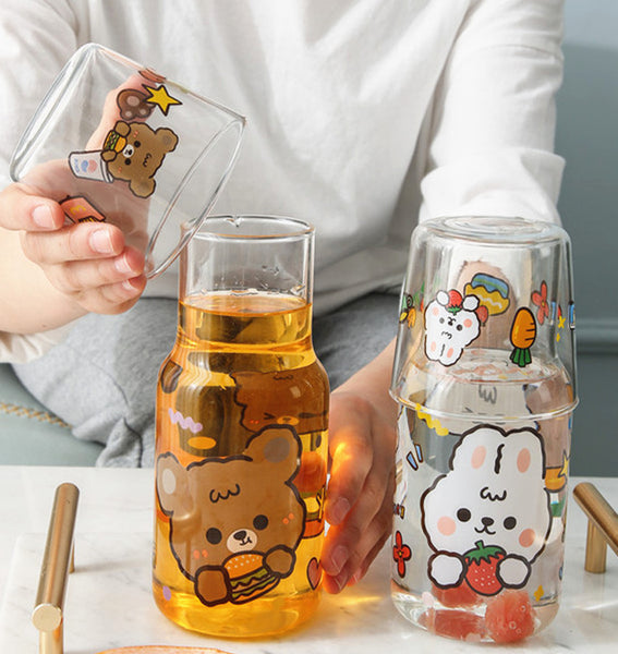 Kawaii Bear and Rabbit Glass Water Bottle and Cups PN4500
