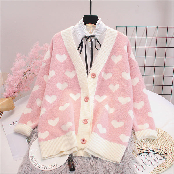 Pink Hearts Sweater Knitted Coat PN1649