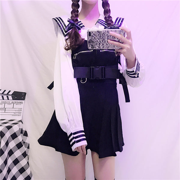 Black Cool Strap Skirt and Navy Top PN2039